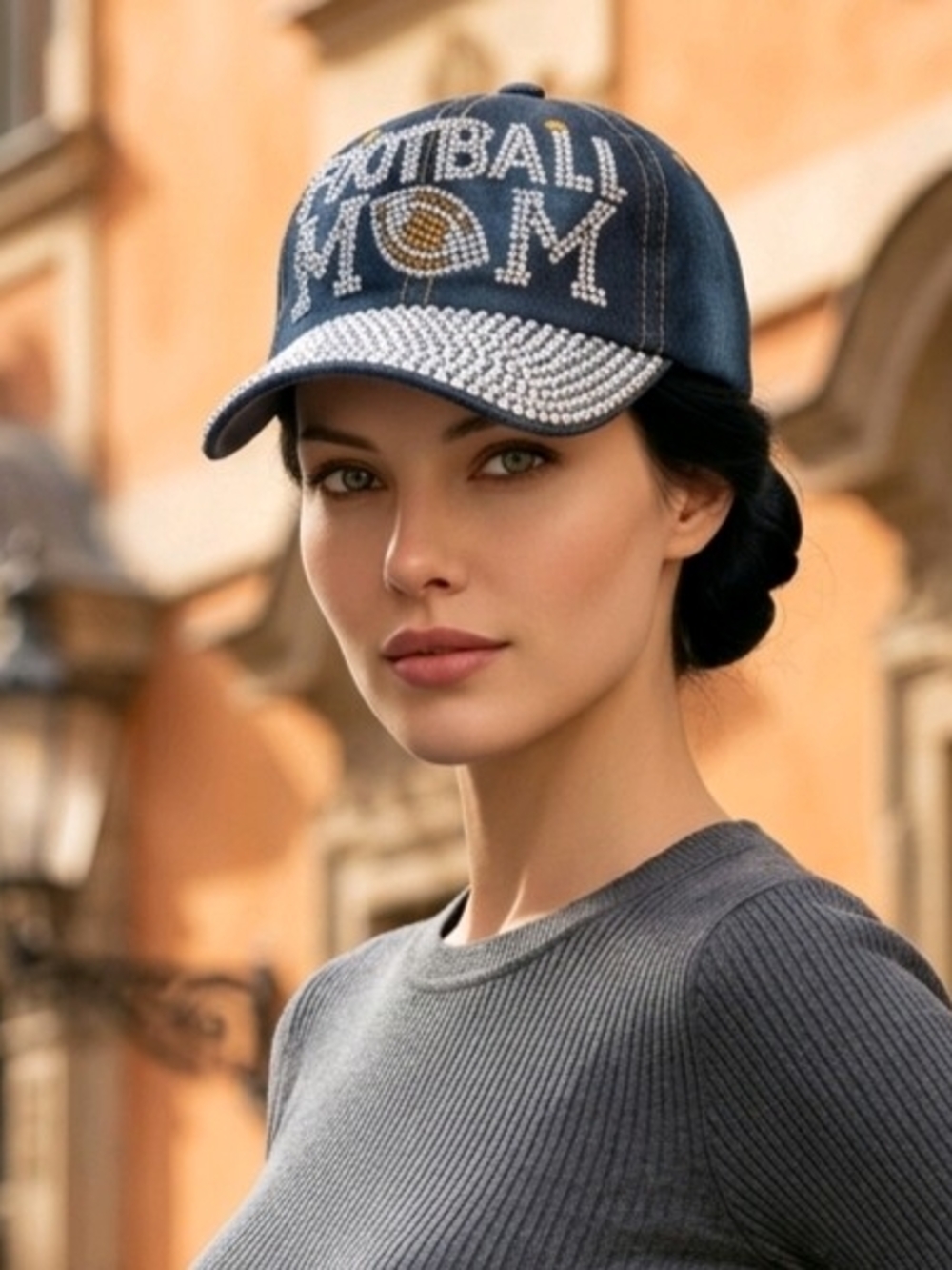 "Football Mom" Denim Rhinestone Lettering, Heavy Jeweled Brim By Sophia Col.